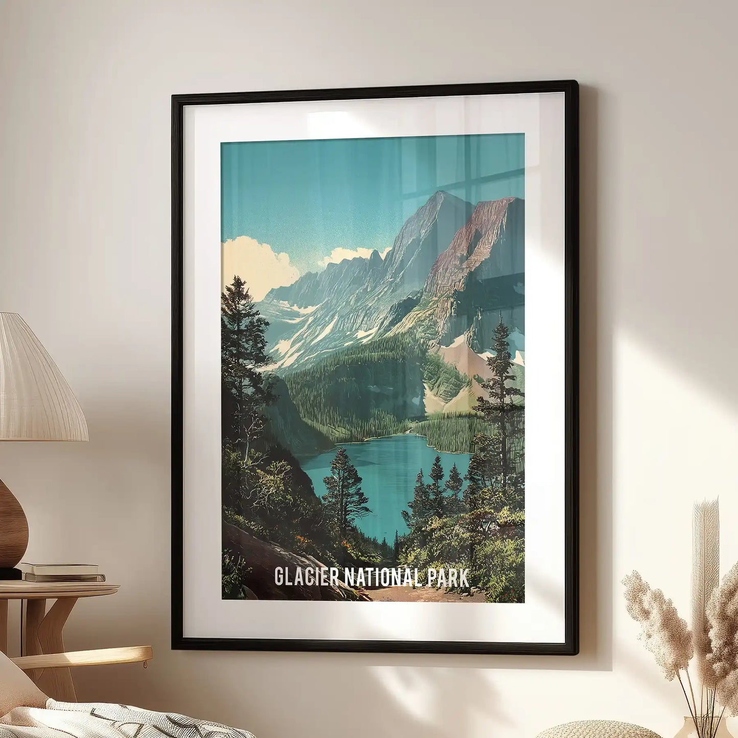 Rocky Mountains forest peaks, wall picture print presented as a black matted framed piece in the lounge above the seat, lending layered greens and distant summits to the room.