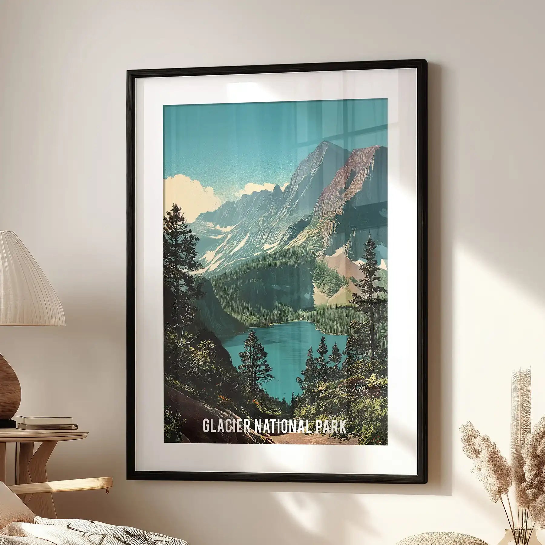 Rocky Mountains forest peaks, wall picture print presented as a black matted framed piece in the lounge above the seat, lending layered greens and distant summits to the room.