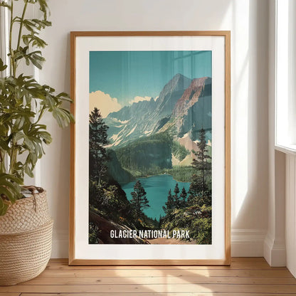 Glacier National Park alpine lake and mountains, single wall decor in a black matted frame leaning against the wall by the bedroom window, keeping the view calm and cool.