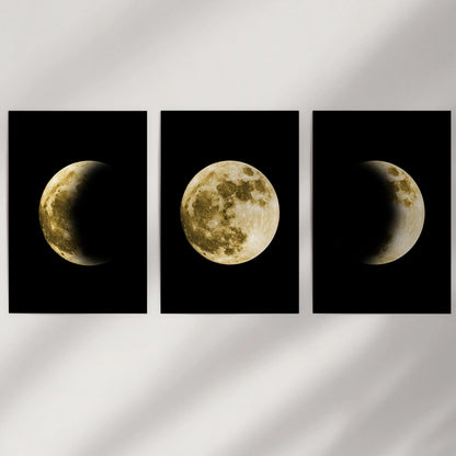 A trio of unframed lunar phase art prints ships rolled in a tube, ready to form a gleaming moon triptych against any blank wall.