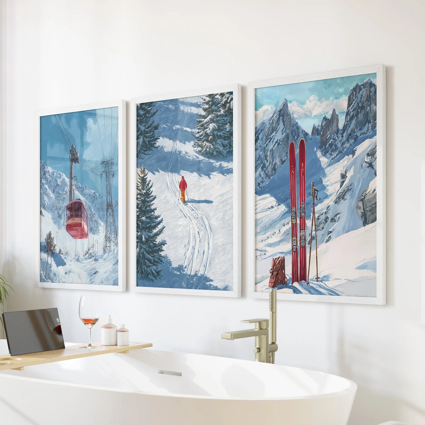 Three white-framed alpine view prints form wall art above the bathtub, bringing calm winter charm and lodge serenity.