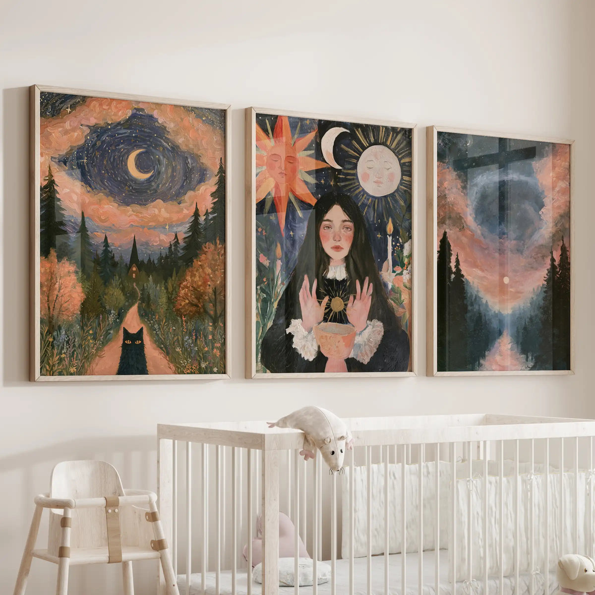 Enchanted woodland-at-night three-piece wall hanging in wood frames rests above the nursery crib, casting soft twilight across whispering trees.