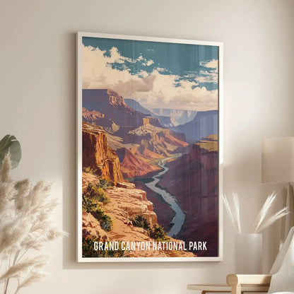 White-framed wall decor of Southwest desert cliffs hangs over a reading chair in the lounge, highlighting the canyon’s pale strata.