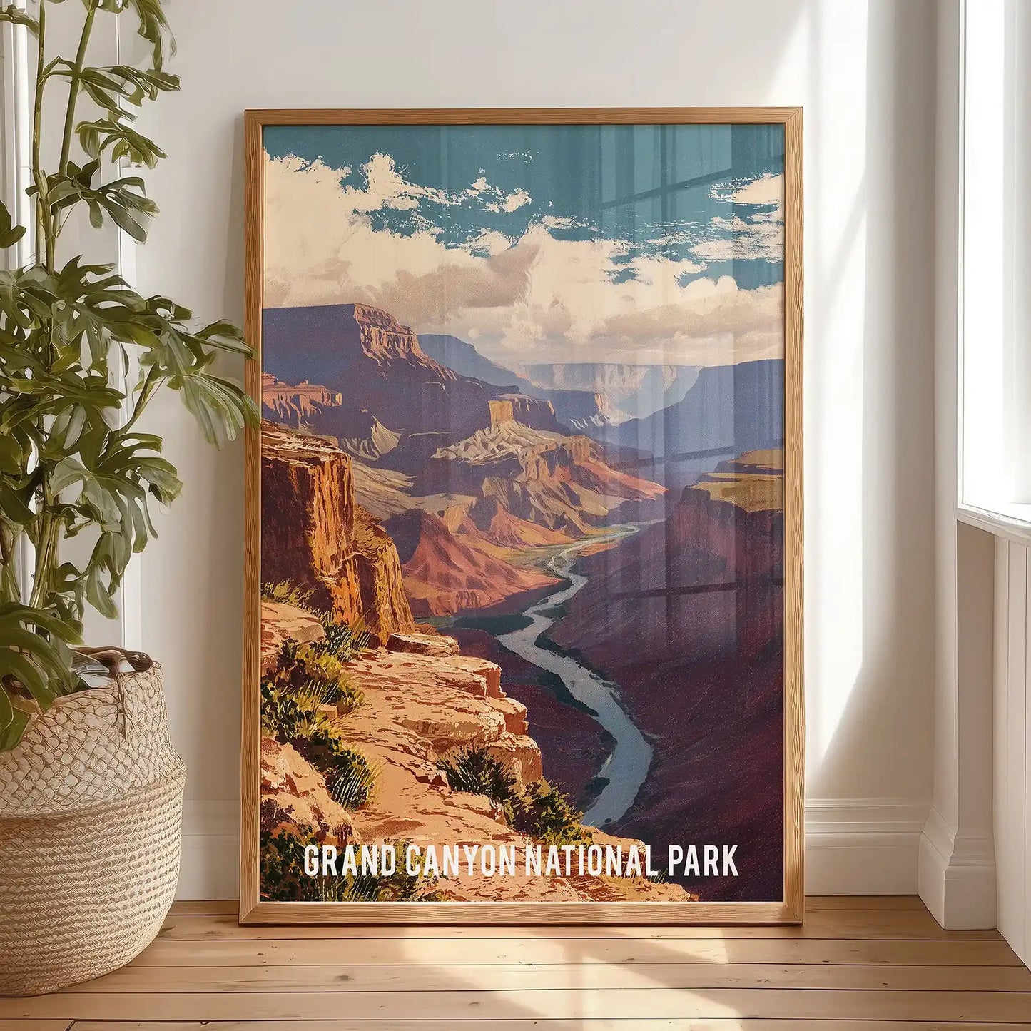 Burnt-orange canyon walls individual artwork arrives in a natural oak frame, casually propped on the bedroom floor to lean against the wall.