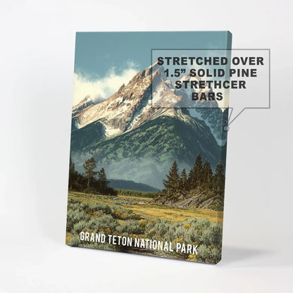 Canvas art print of a green mountain valley highlights the Tetons in vivid tones, offering a tactile, gallery-feel focal point for the wall.