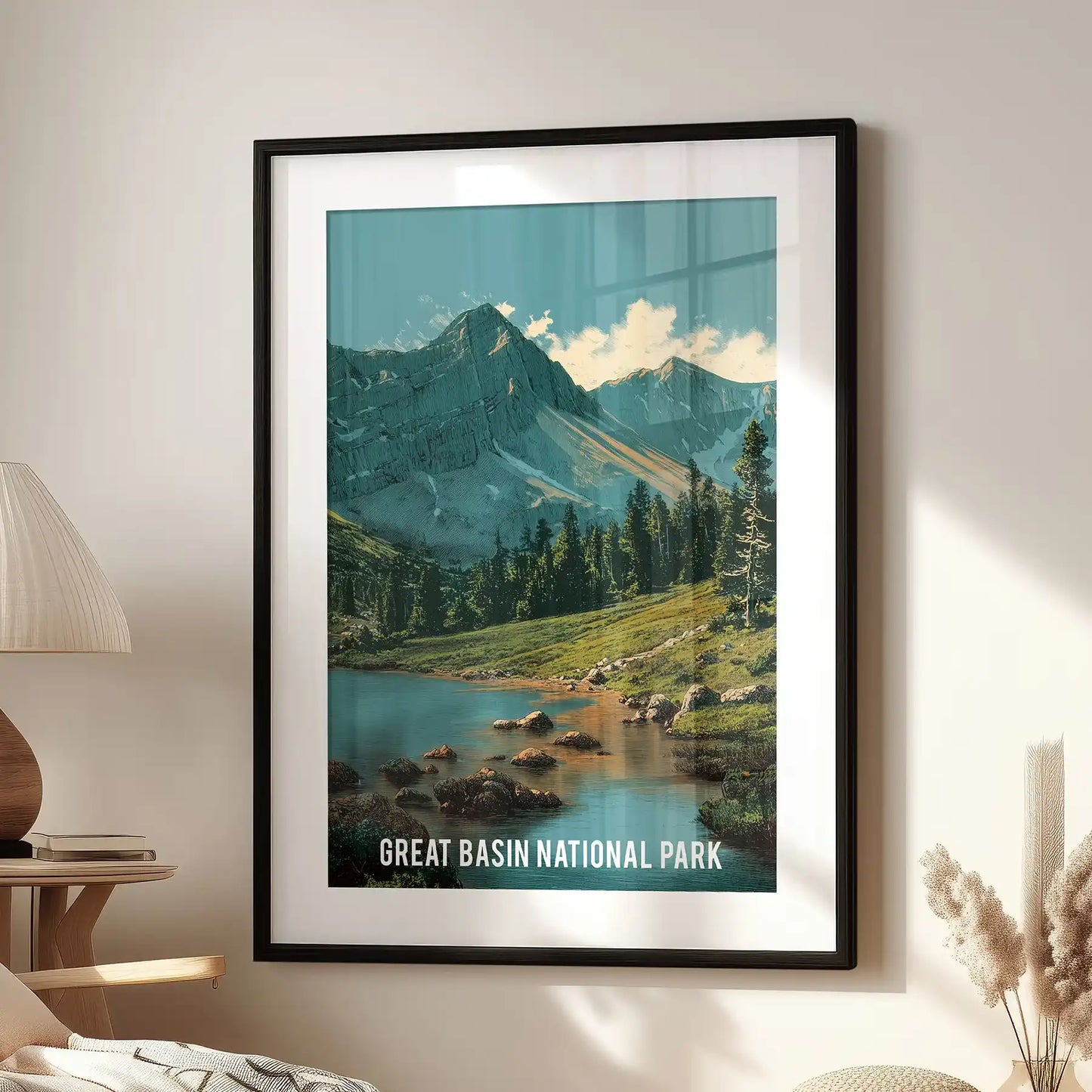 Mountain wilderness scene decorative wall art print, set in a black frame with mat and displayed in the living room over a lounge chair for a crisp, modern look.