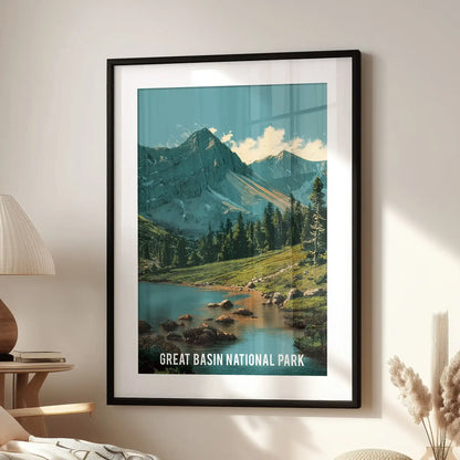 Mountain wilderness scene decorative wall art print, set in a black frame with mat and displayed in the living room over a lounge chair for a crisp, modern look.