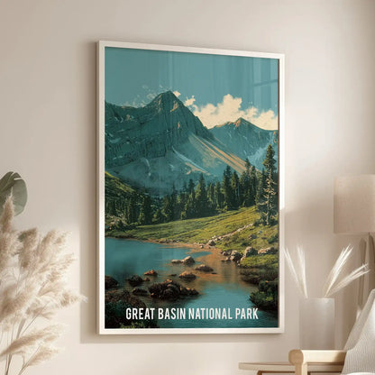 A white-framed wall print of Great Basin National Park, placed over the living-room seating area to bring Nevada’s open landscape indoors.