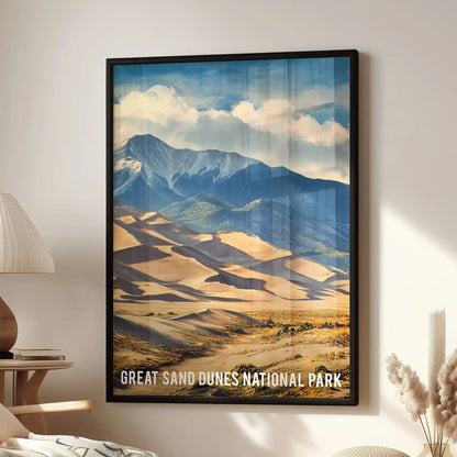 Great Sand Dunes National Park dunes gallery wall poster, black framed and mounted above an accent chair, bringing desert warmth to a relaxed family room.