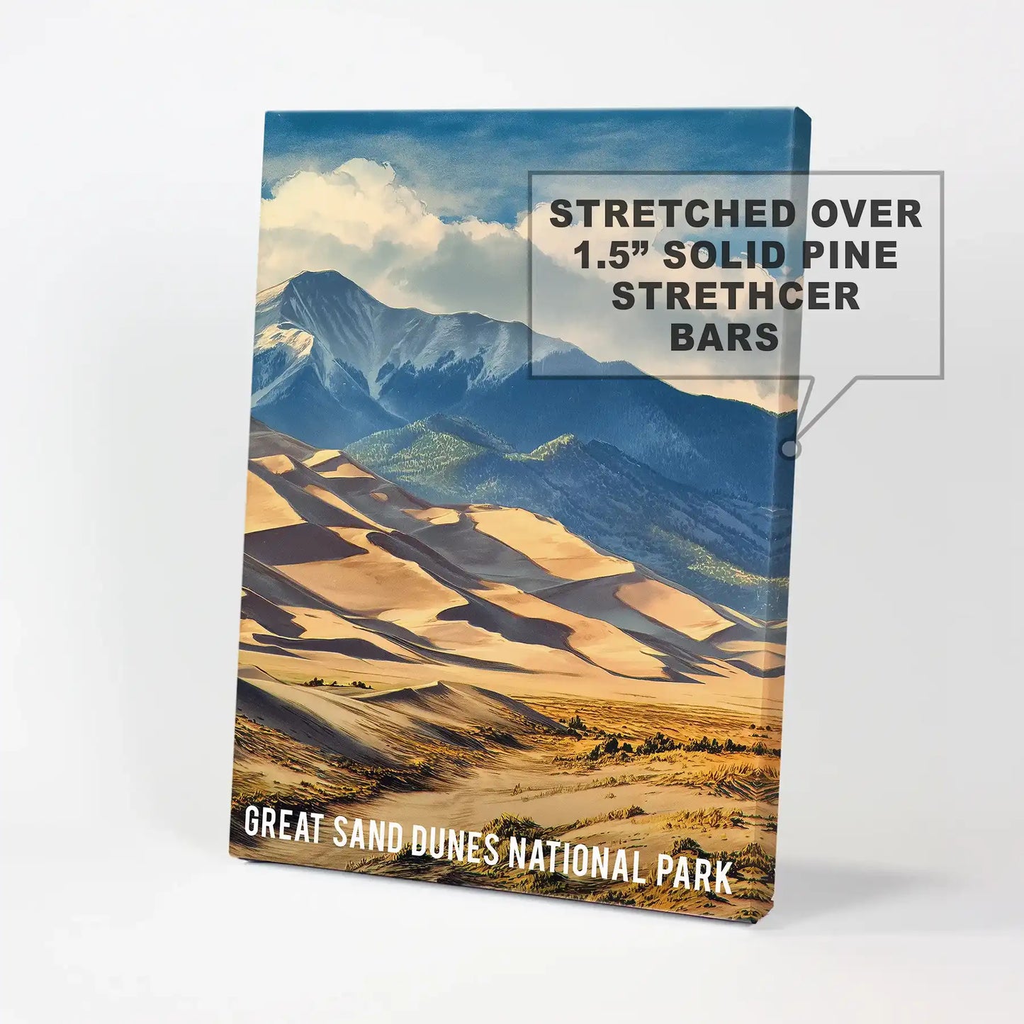 A single canvas wall art print of Colorado’s dunes beneath blue peaks offers a clean, gallery-style accent for virtually any wall.