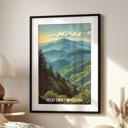 A single forest landscape print in a wide-matted black frame hangs above the armchair, giving the sitting room a tranquil, green accent.