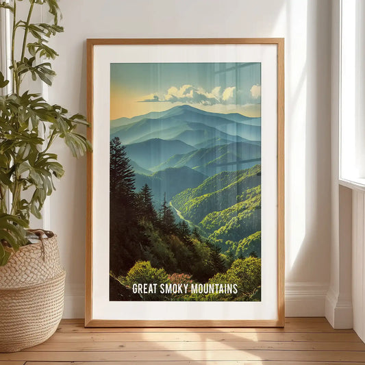 Single Appalachian landscape print with a black mat frame rests against the bedroom wall, giving a relaxed, gallery-style vibe.