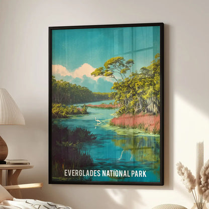 Everglades National Park landscape single panel poster in a black frame hangs in the sitting room above a cozy chair, bringing cool green-blue calm.