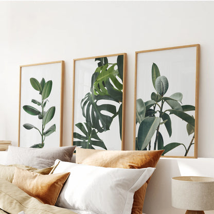 Green botanical photography, a 3-piece artwork set in natural wood frames, warms the bedroom, centered over the bed to echo organic tones and texture.