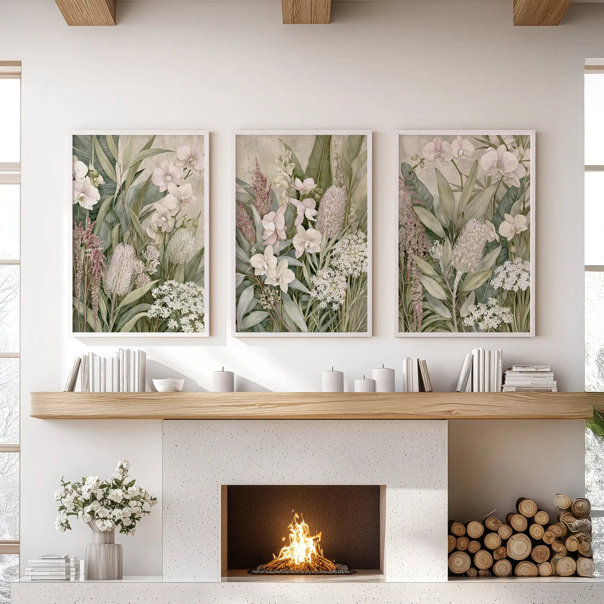 Pink flower spikes rise beside pale orchids and dense green leaves in three white-framed prints above the fireplace mantel.