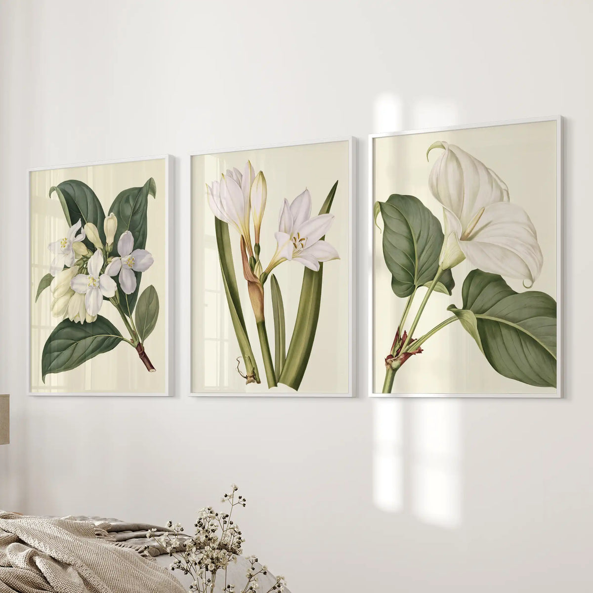Cream shows around white blossoms and green leaves in three prints beside a bed, framed in white and arranged in a horizontal row.