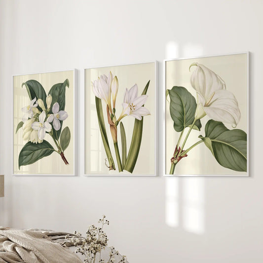Cream shows around white blossoms and green leaves in three prints beside a bed, framed in white and arranged in a horizontal row.