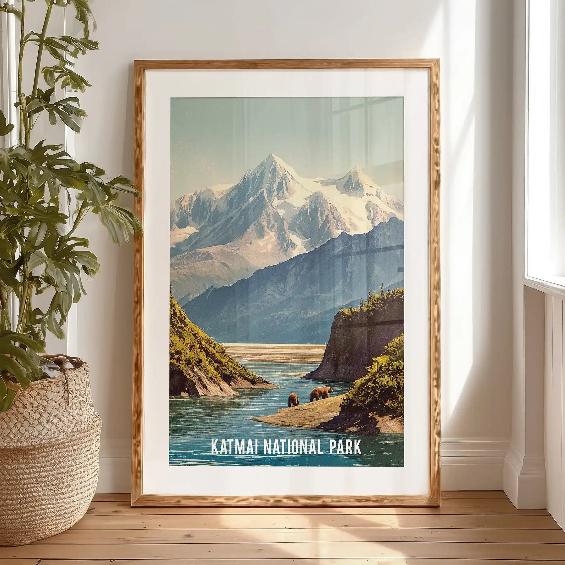Alaskan grizzly bears statement art print with a black frame and wide mat, standing against a bedroom wall to spotlight Katmai's untamed energy.