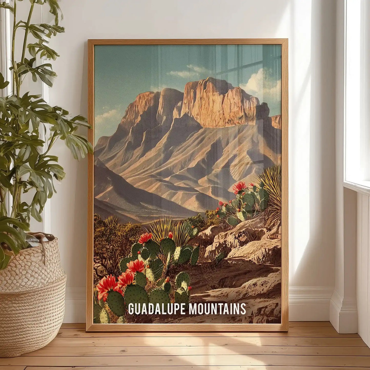 Guadalupe Mountains National Park wall decor print in a light oak frame, placed on the bedroom floor and ready to hang, adds rustic Western character to the wall.