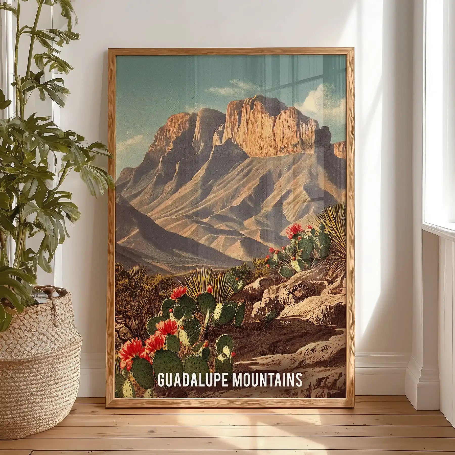 Guadalupe Mountains National Park wall decor print in a light oak frame, placed on the bedroom floor and ready to hang, adds rustic Western character to the wall.