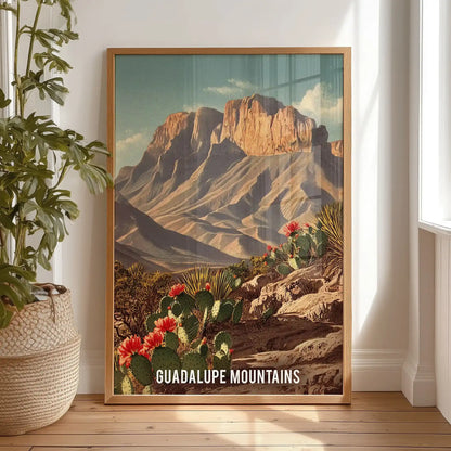Guadalupe Mountains National Park wall decor print in a light oak frame, placed on the bedroom floor and ready to hang, adds rustic Western character to the wall.