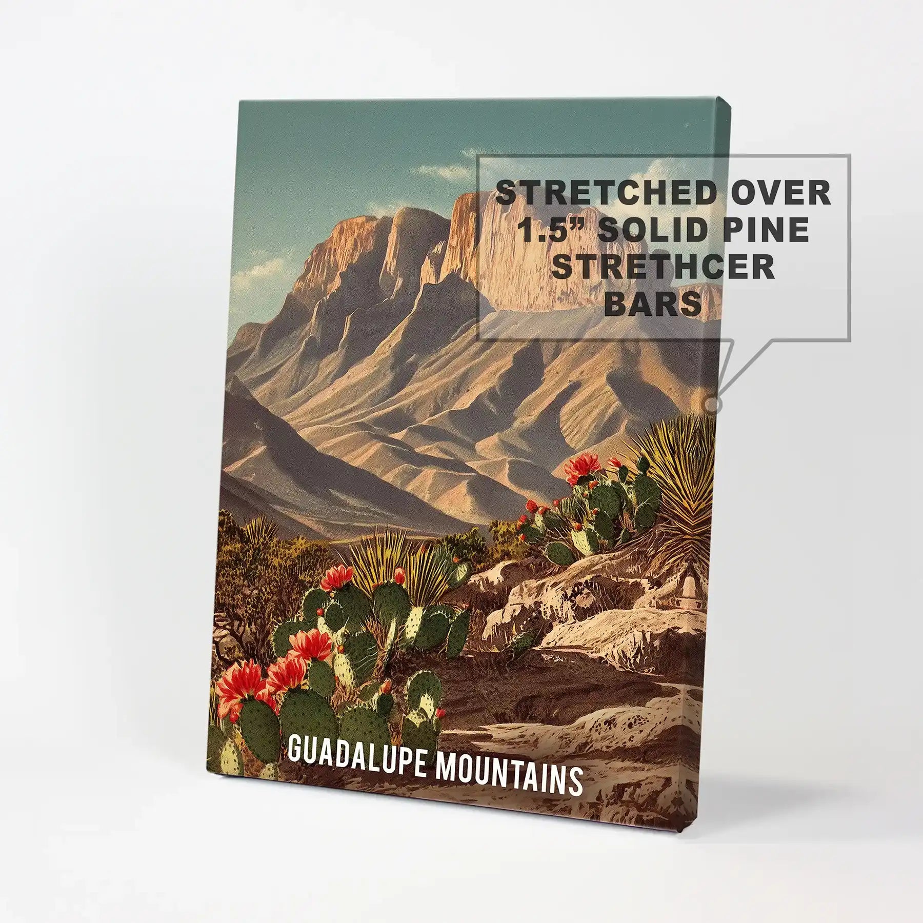 Gallery-wrapped canvas wall artwork of the Chihuahuan Desert, richly toned with sunlit peaks and yucca, creates an inviting western scene.