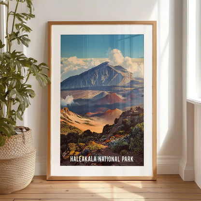 Maui volcano crater gallery wall poster rests against the bedroom wall with a black mat frame, ready to join a display while spotlighting the park’s vast caldera.
