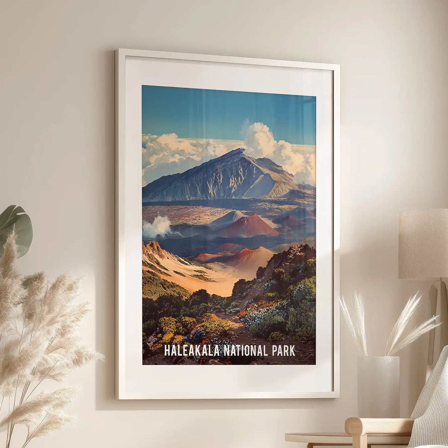 Haleakalā summit view single wall art piece warms the family room, mounted above the seating area in a white mat frame to emphasize the high-altitude tropical ridges.