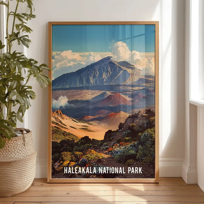 Landscape poster print of Haleakalā leans casually by the bedroom window in a wooden frame, bringing relaxed warmth to the wide volcanic horizons.