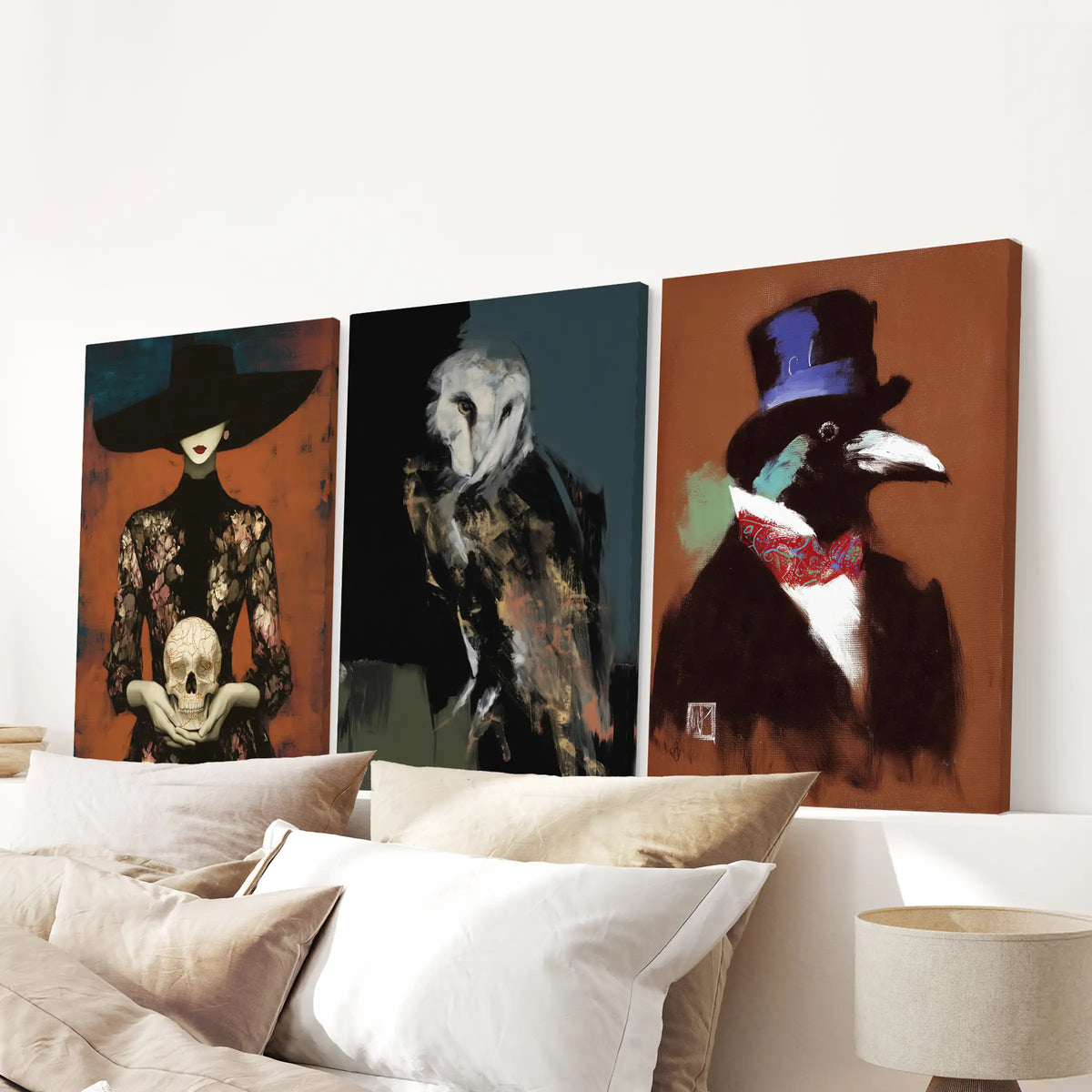 Occult imagery set of three gallery-wrapped canvas wall pictures, arranged above the headboard in a bedroom.