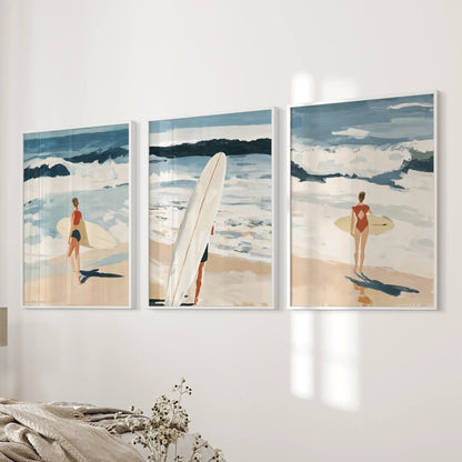 Surfer scenes, a 3-piece poster set in white framed prints, adds an easy summer note near the bed wall in the bedroom.