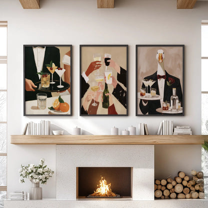 Happy hour wall art in a 3-piece print set, displayed in black frames above the fireplace in a lounge.