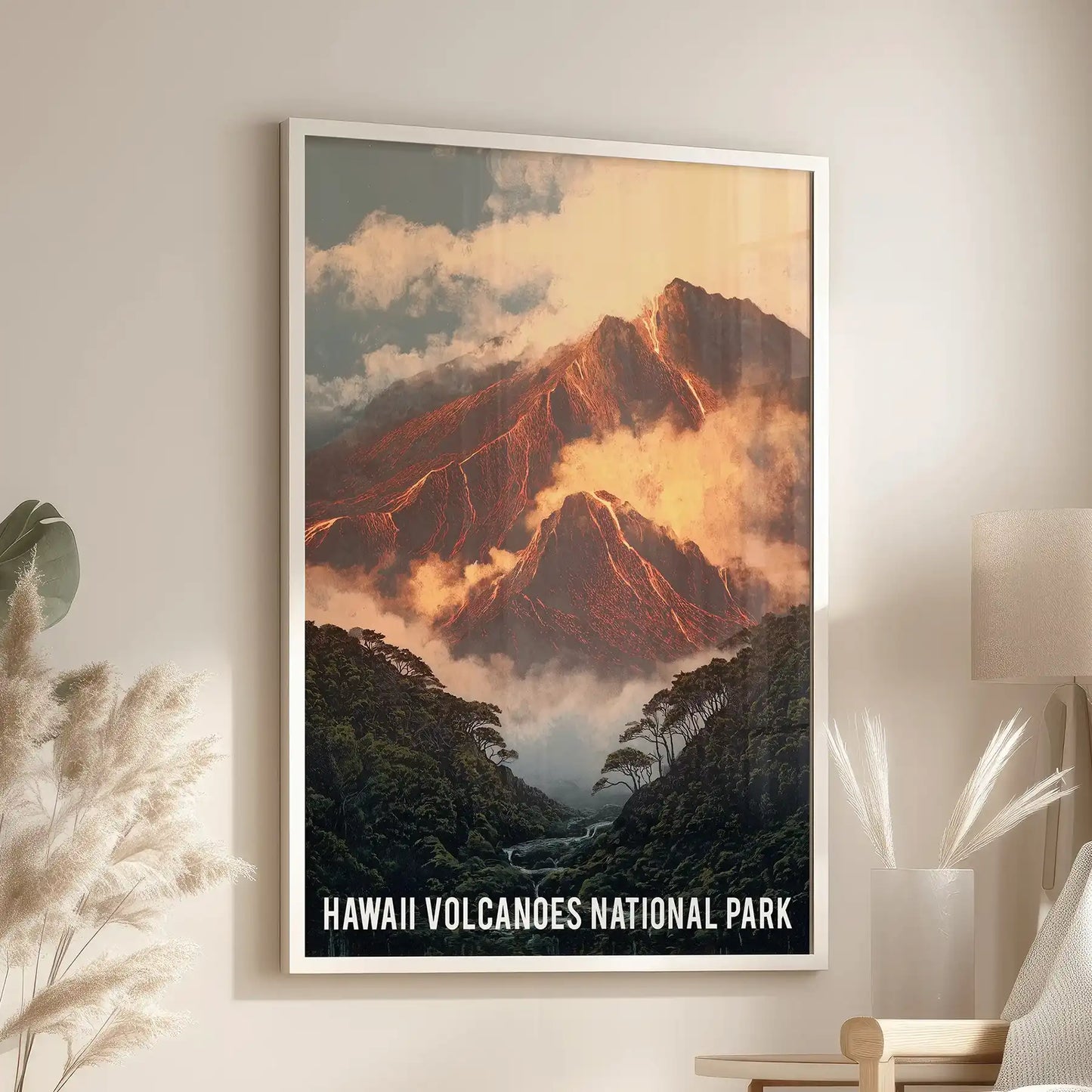 A vivid lava and mountain scene print, framed in bright white, hangs over the reading chair to enliven the sitting room with natural energy.