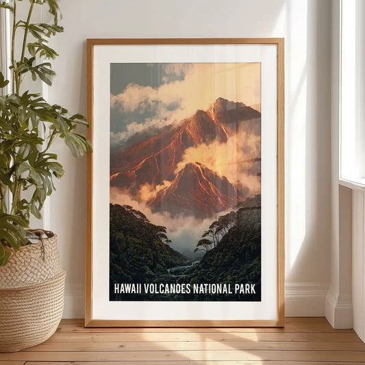 Hawaiʻi Volcanoes travel poster wall print, in a black frame with mat, leans on the bedroom floor and brings retro color and clean contours to the scene.