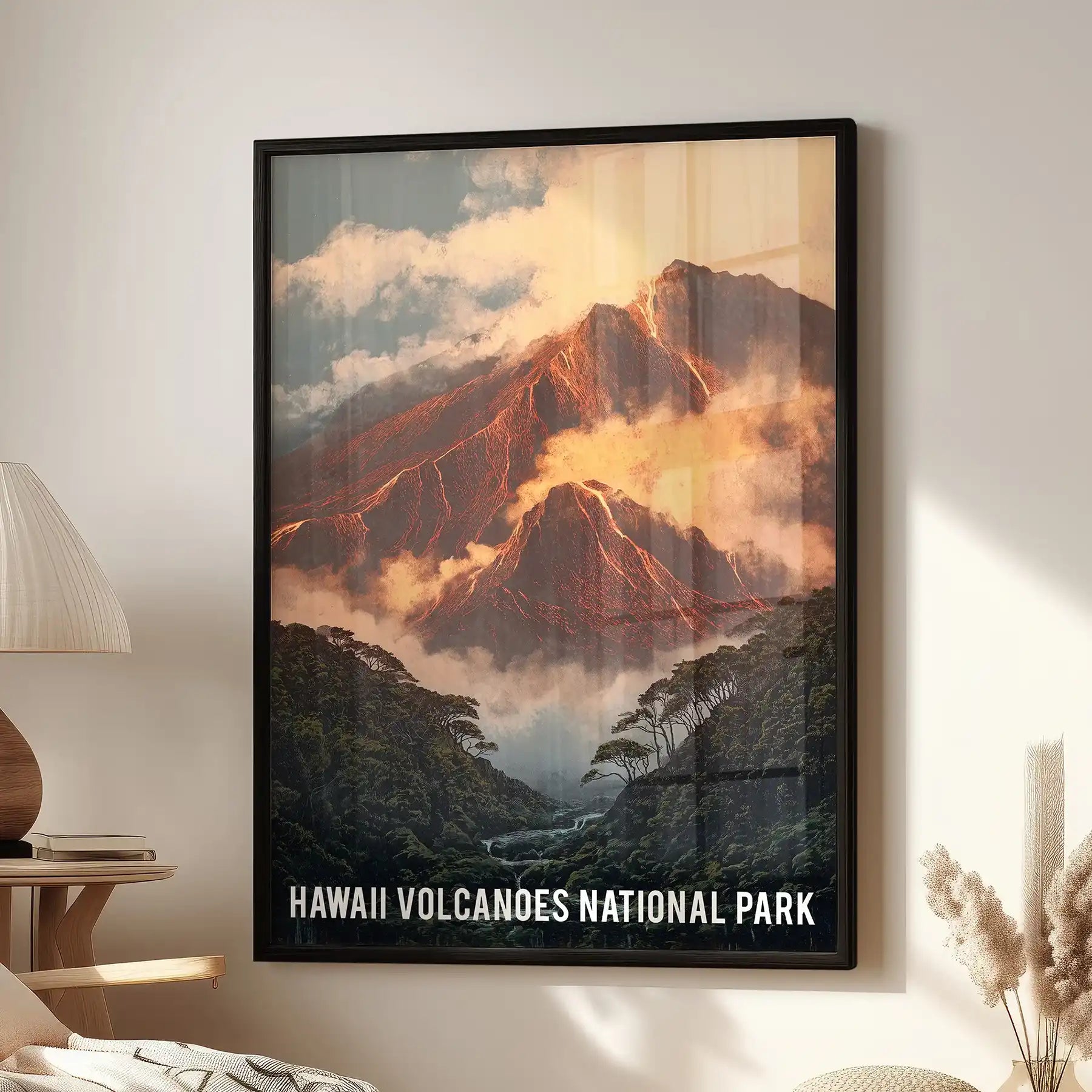 Hawaiʻi Volcanoes National Park poster wall art hangs over an accent chair in the sitting room, set in a crisp black frame with vivid lava tones.