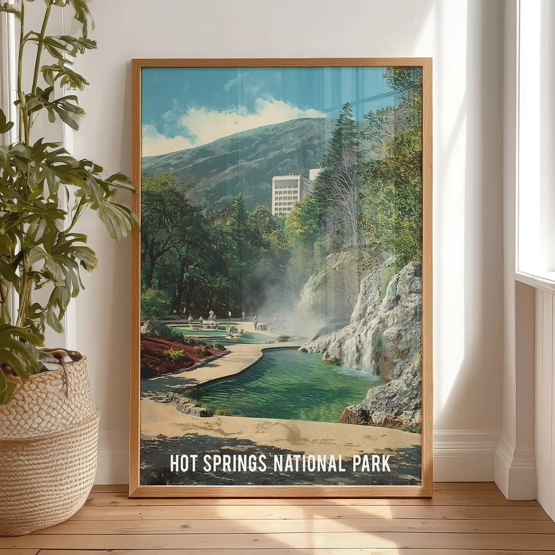 Thermal springs pools one-panel wall art in a light oak frame for the bedroom, resting on the floor by the window for an easy, gallery-lean look.