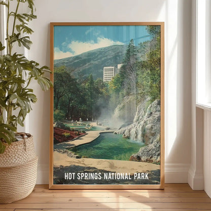 Thermal springs pools one-panel wall art in a light oak frame for the bedroom, resting on the floor by the window for an easy, gallery-lean look.