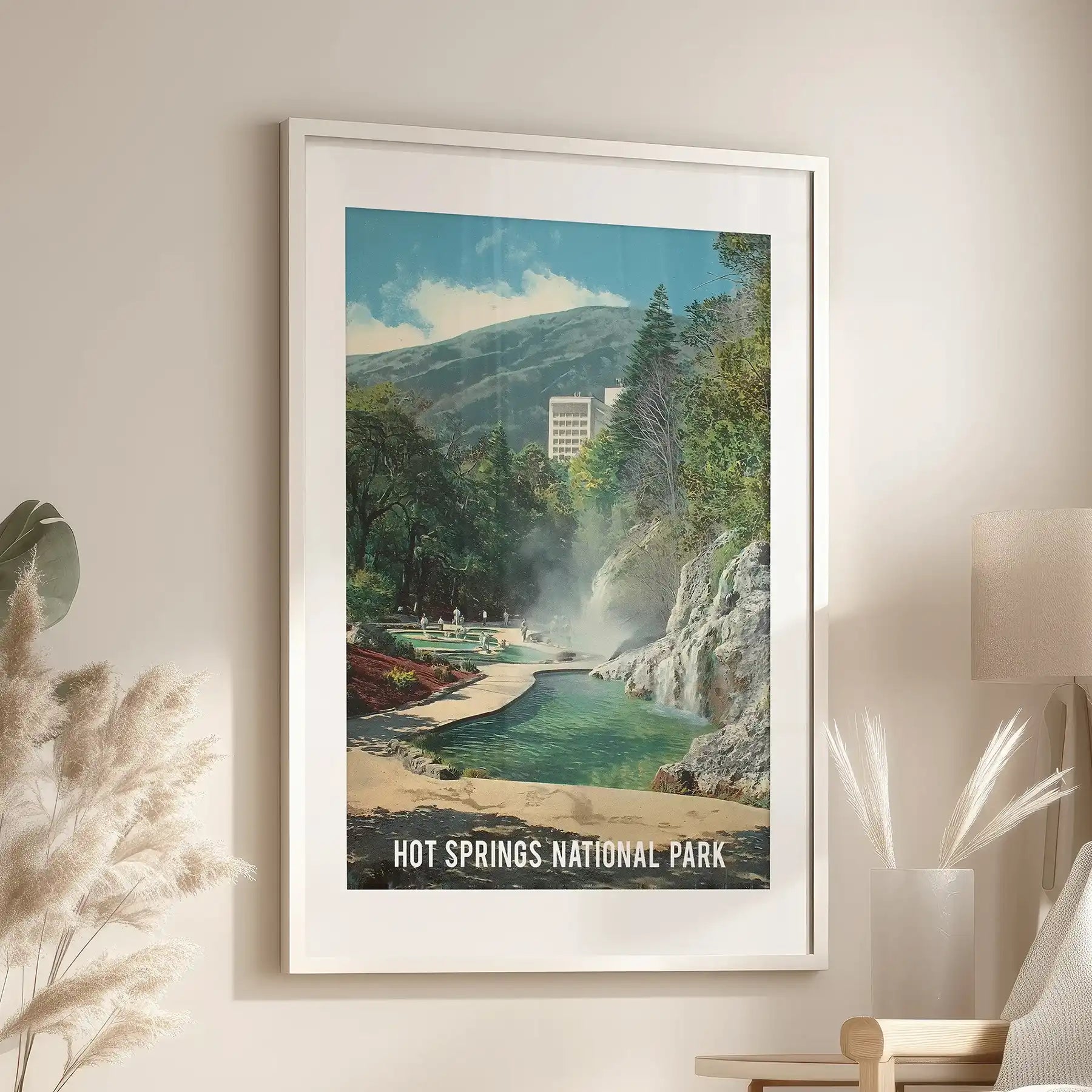 Retro Arkansas travel poster print wall art, over the lounge seat in a white frame with wide mat for the sitting room, glowing with sunny nostalgia.