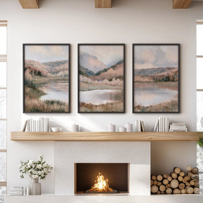 Impressionist lake landscapes, a poster set of three prints in black frames, sits over the mantelpiece in the lounge and brings a soft, moody view to the room.