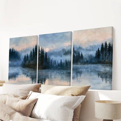 Tranquil water reflections 3-piece canvas art bundle mounts above the headboard, bringing lucid blues and mirrored lake calm to a restful bedroom.