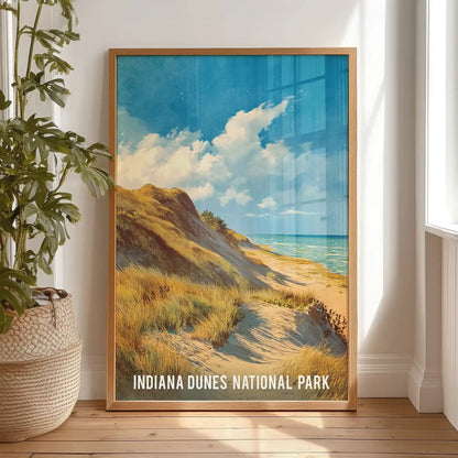 Great Lakes waterfront view wall art in a solid oak frame, shown standing against a bedroom wall to lean casually and invite quiet coastal calm.