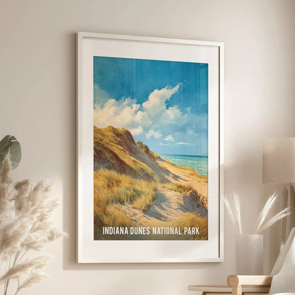 Summer beach dunes individual art print in a white frame with a white mat, displayed in a family room over a lounge chair for easygoing vibes.