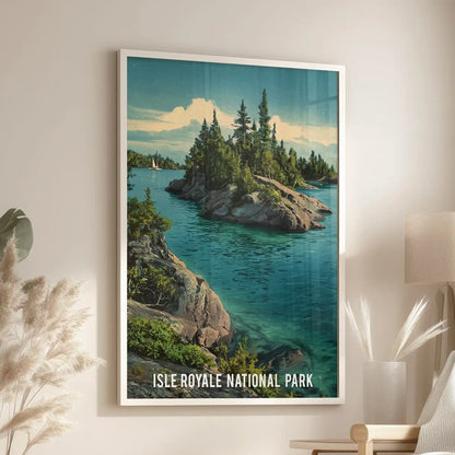 Northern wilderness island one-panel wall art in a crisp white frame, suited to the lounge and set near the reading chair for a fresh, airy accent.