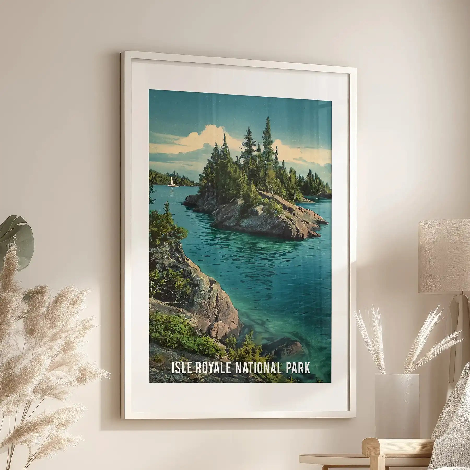 White-framed wall art of Michigan’s northwoods, matted and centered above a family-room seating area, anchors the cozy scene.