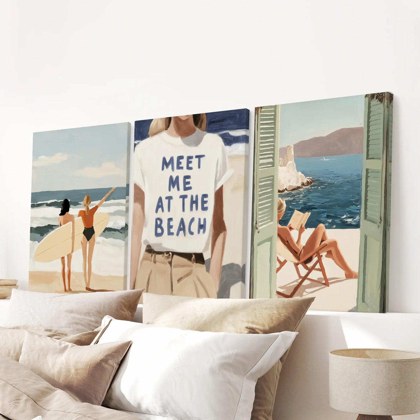 Seaside umbrellas and loungers, a wall-hanging set of 3 canvas prints arranged over the bed, giving the bedroom a bright, carefree beach escape feel.