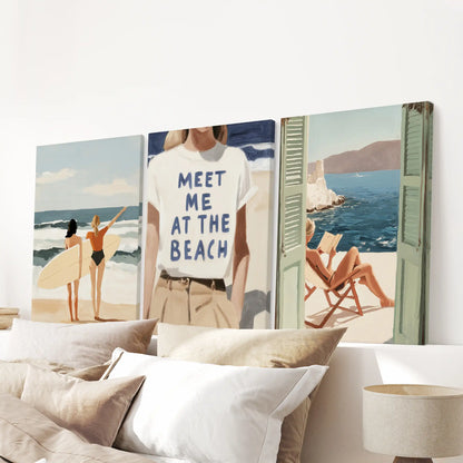 Seaside umbrellas and loungers, a wall-hanging set of 3 canvas prints arranged over the bed, giving the bedroom a bright, carefree beach escape feel.
