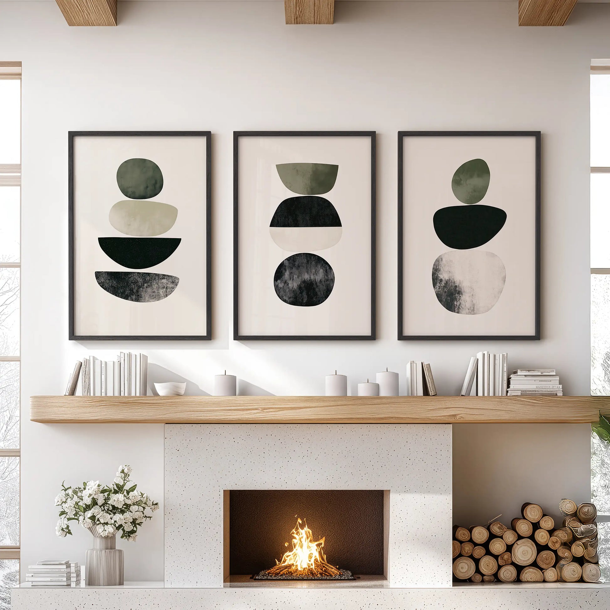 Earth-tone geometric shapes set of three wall art prints in black frames for a family room, styled to hang over the fireplace with a clean, mid-century feel.