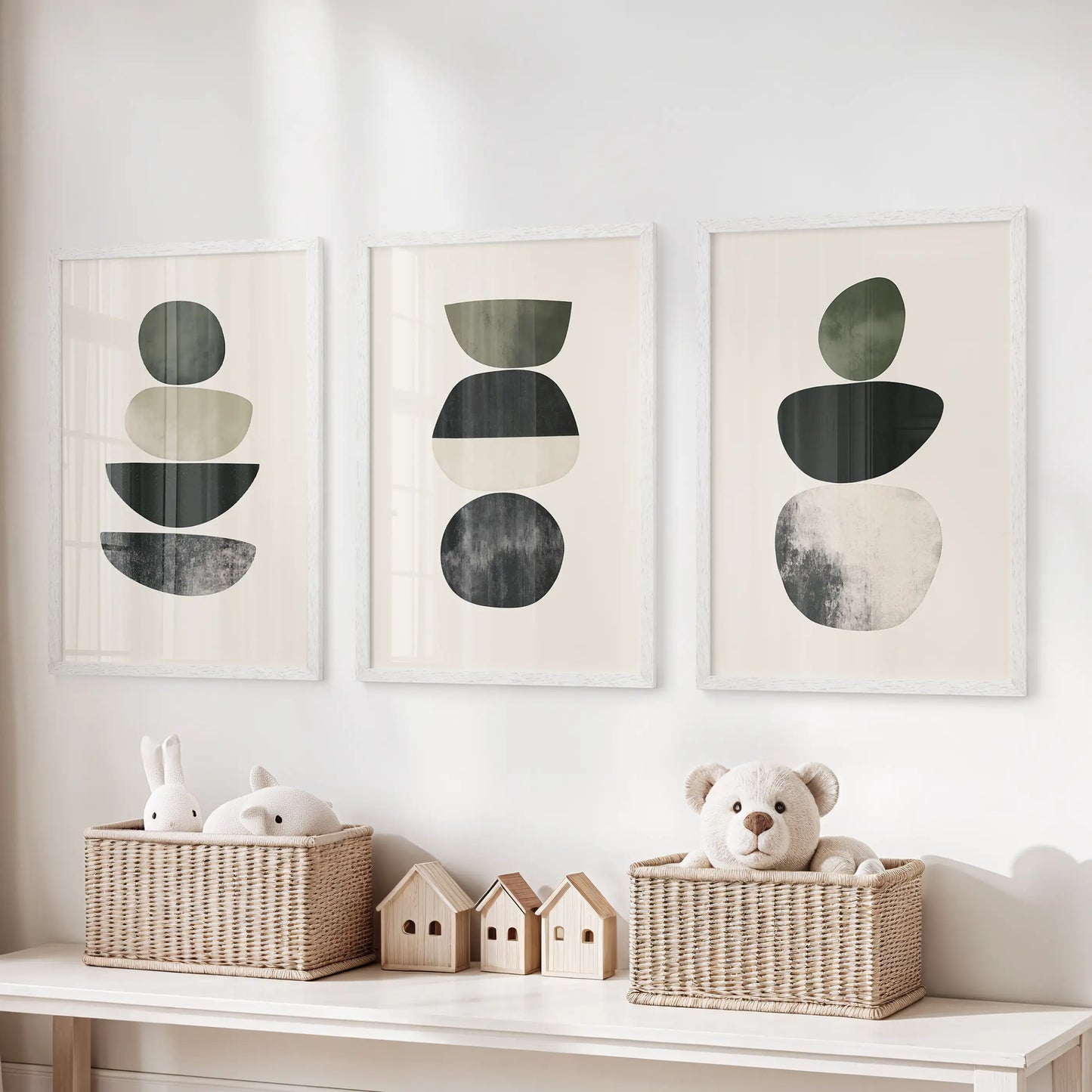 Japandi minimalist shapes set of 3 framed prints lends gentle wall art to a kids room, hung over the storage bench in clean white frames.