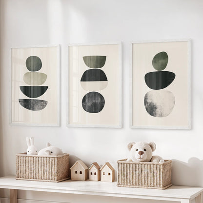 Japandi minimalist shapes set of 3 framed prints lends gentle wall art to a kids room, hung over the storage bench in clean white frames.