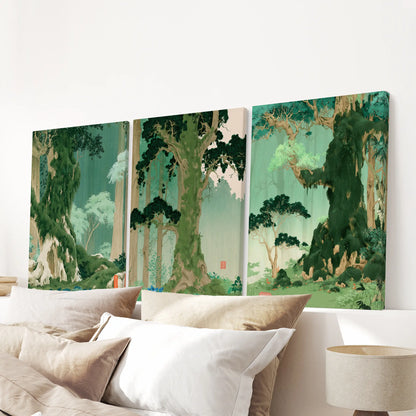 A three-piece Japanese nature landscape stretched canvas set hangs over the headboard in a bedroom.